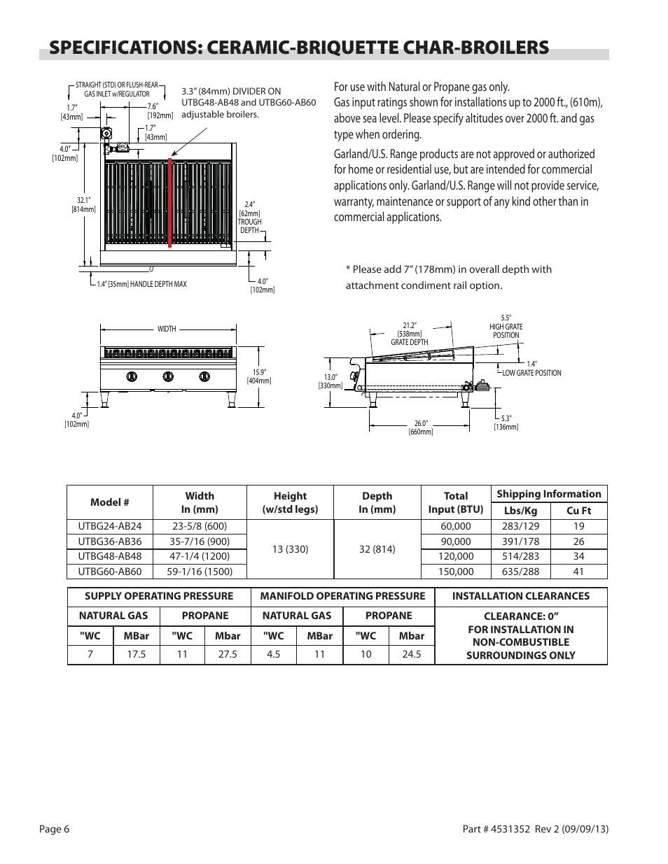 Specifications: ceramic-briquette char-broilers | Garland US RANGE UT SERIES HEAVY DUTY GAS COUNTER EQUIPMENT User Manual | Page 6 / 48