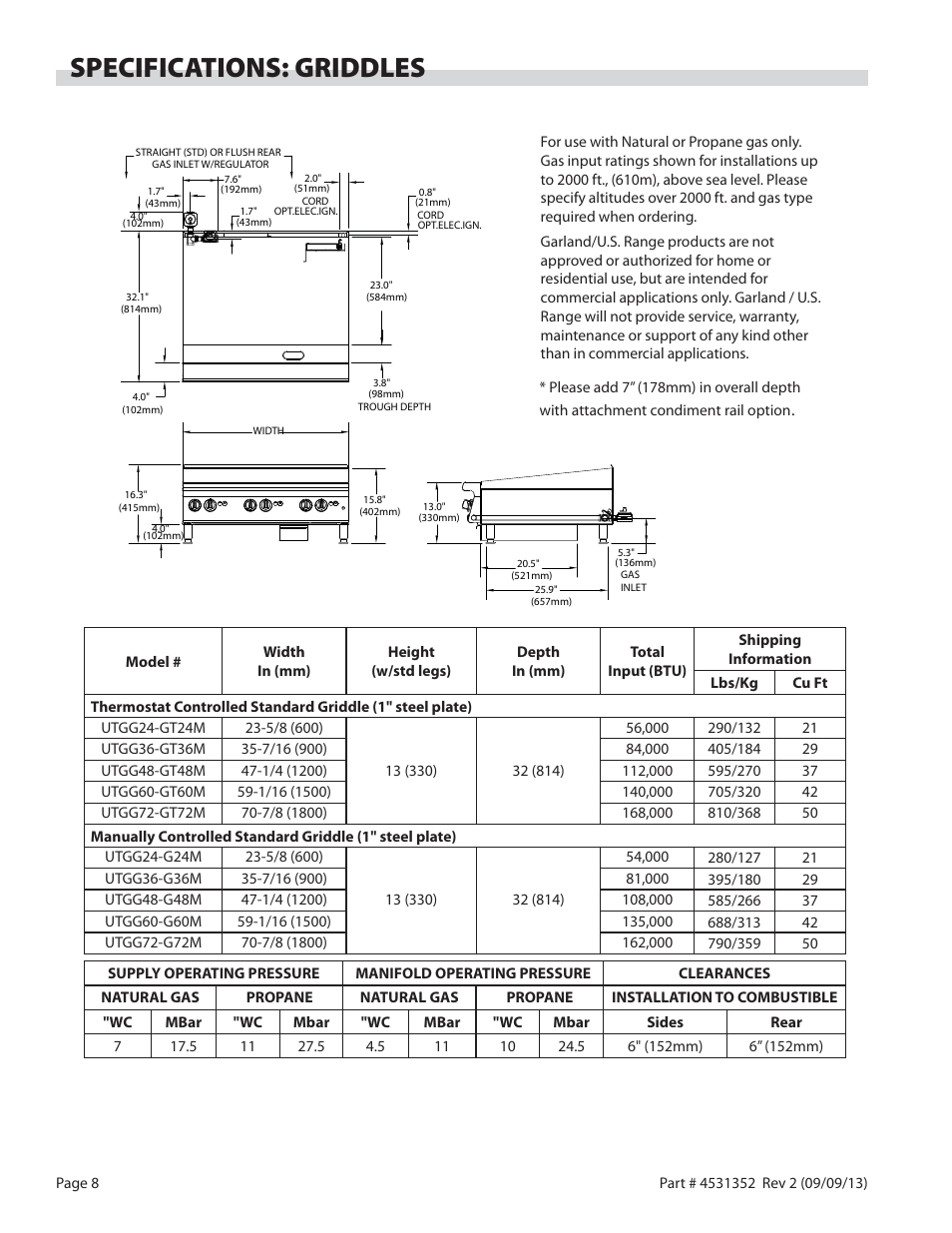 Specifications: griddles | Garland US RANGE UT SERIES HEAVY DUTY GAS COUNTER EQUIPMENT User Manual | Page 8 / 48