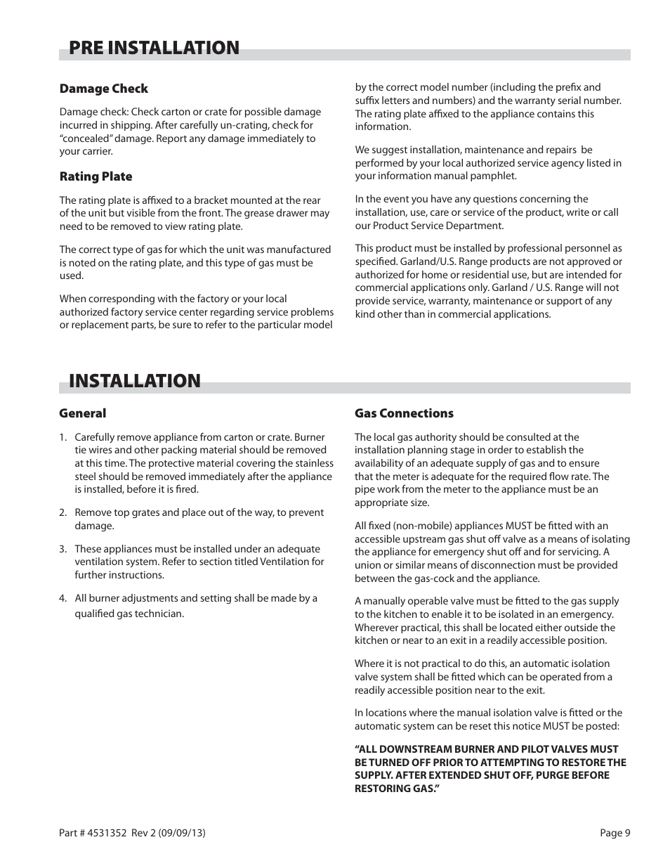 Pre installation installation | Garland US RANGE UT SERIES HEAVY DUTY GAS COUNTER EQUIPMENT User Manual | Page 9 / 48