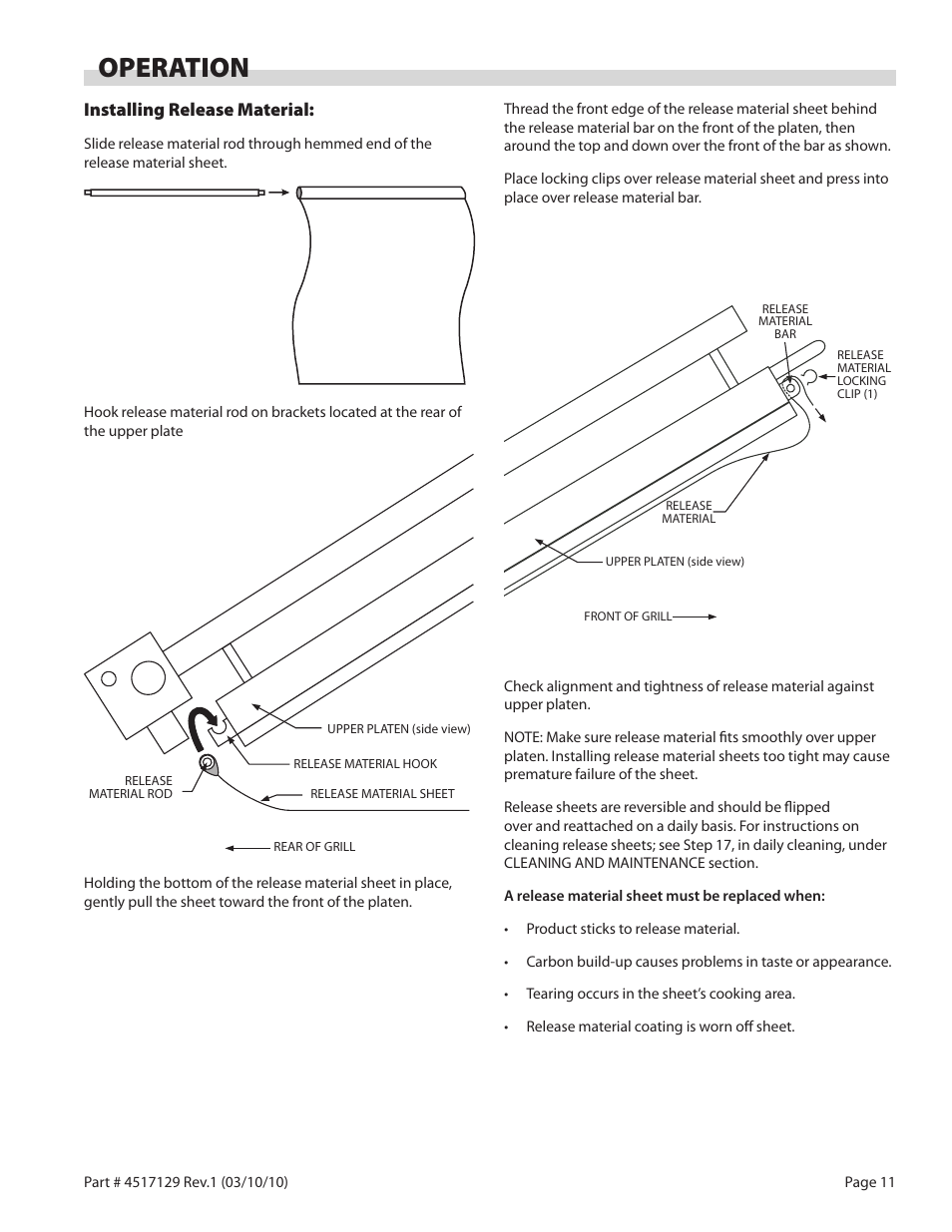 Operation, Installing release material | Garland XG36CE BE/FR MASTER SERIES GAS XPRESS GRILL User Manual | Page 11 / 32