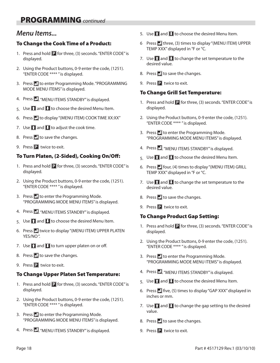 Programming, Menu items | Garland XG36CE BE/FR MASTER SERIES GAS XPRESS GRILL User Manual | Page 18 / 32