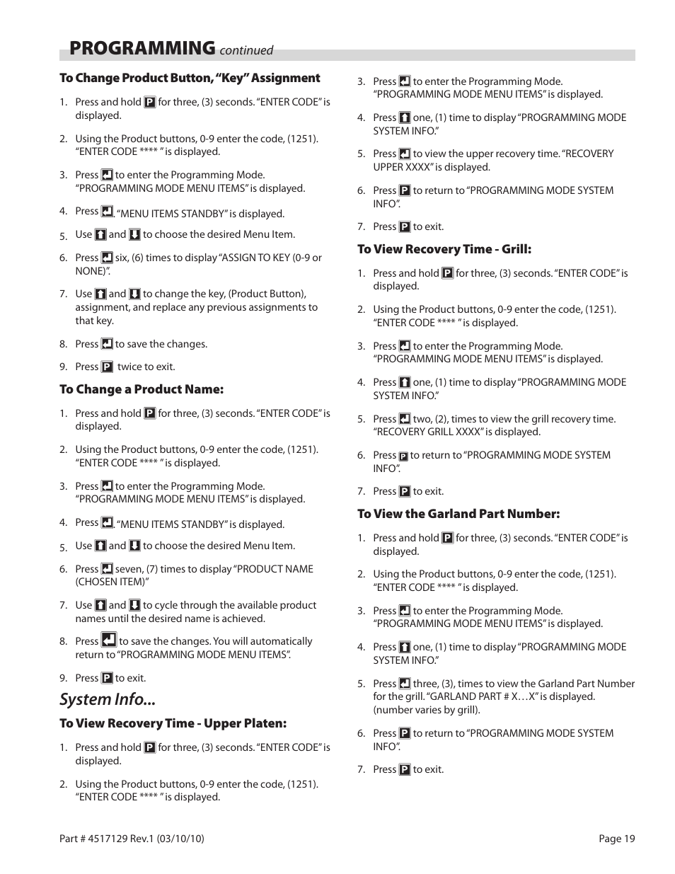 Programming, System info | Garland XG36CE BE/FR MASTER SERIES GAS XPRESS GRILL User Manual | Page 19 / 32