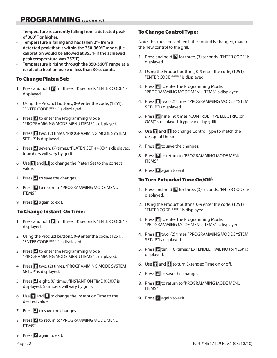 Programming | Garland XG36CE BE/FR MASTER SERIES GAS XPRESS GRILL User Manual | Page 22 / 32