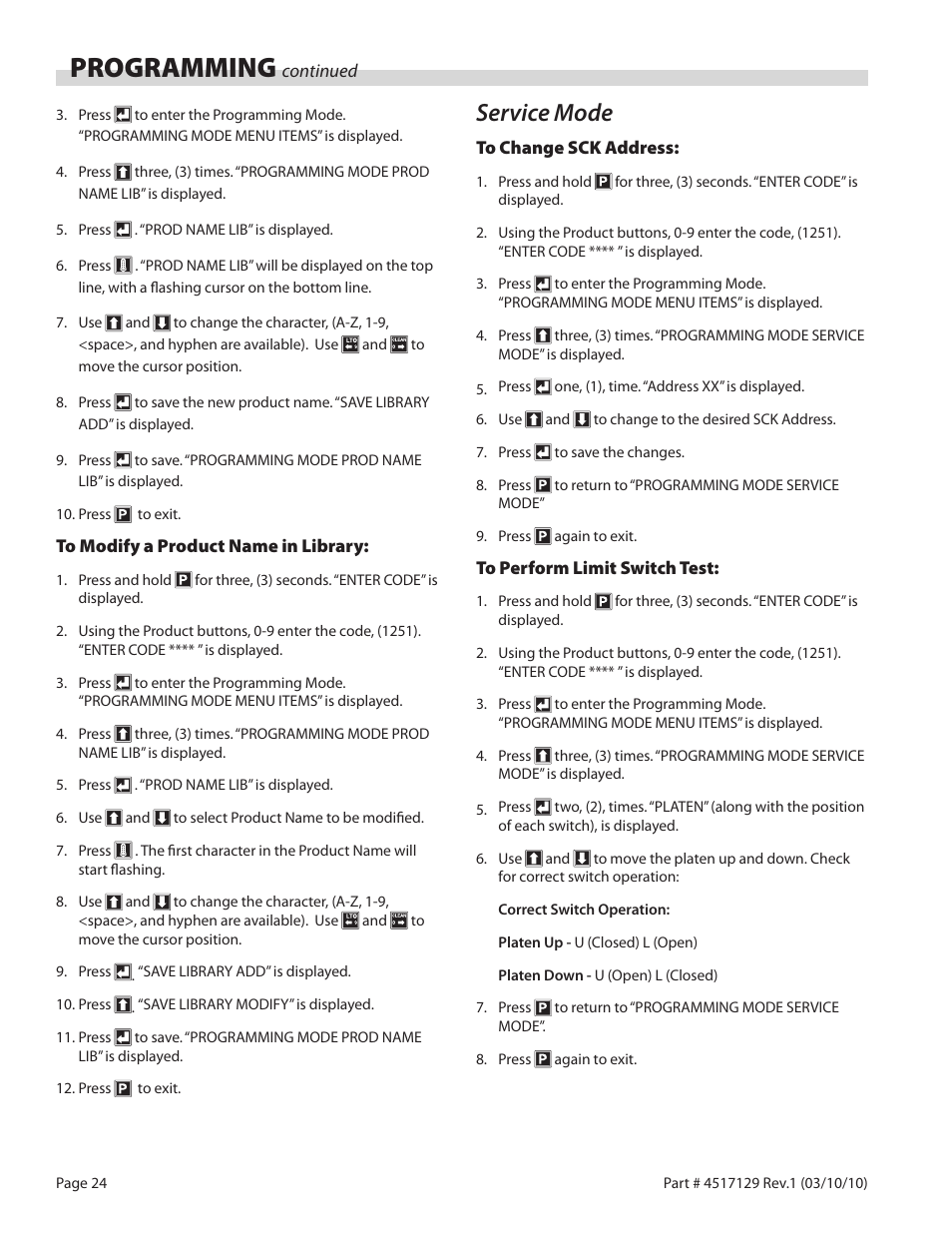 Programming, Service mode | Garland XG36CE BE/FR MASTER SERIES GAS XPRESS GRILL User Manual | Page 24 / 32