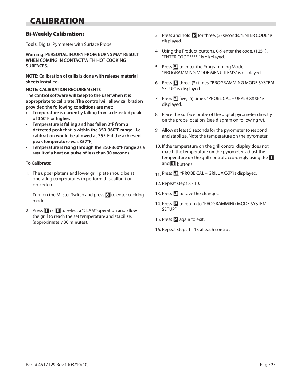 Calibration | Garland XG36CE BE/FR MASTER SERIES GAS XPRESS GRILL User Manual | Page 25 / 32