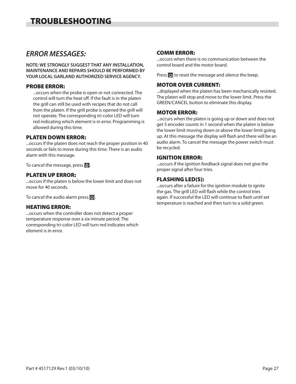 Troubleshooting, Error messages | Garland XG36CE BE/FR MASTER SERIES GAS XPRESS GRILL User Manual | Page 27 / 32