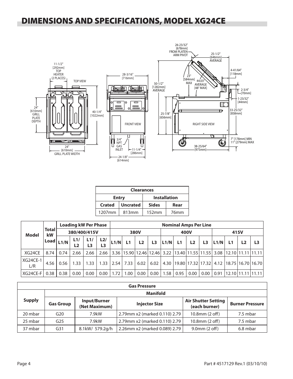 Dimensions and specifications, model xg24ce | Garland XG36CE BE/FR MASTER SERIES GAS XPRESS GRILL User Manual | Page 4 / 32