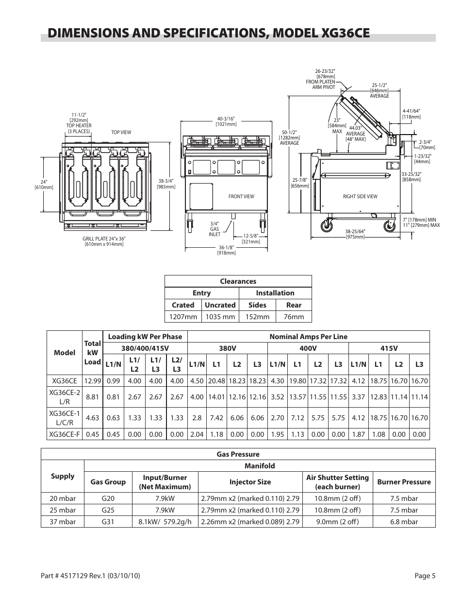 Dimensions and specifications, model xg36ce | Garland XG36CE BE/FR MASTER SERIES GAS XPRESS GRILL User Manual | Page 5 / 32