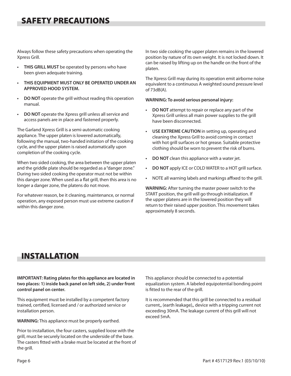 Safety precautions, Installation | Garland XG36CE BE/FR MASTER SERIES GAS XPRESS GRILL User Manual | Page 6 / 32
