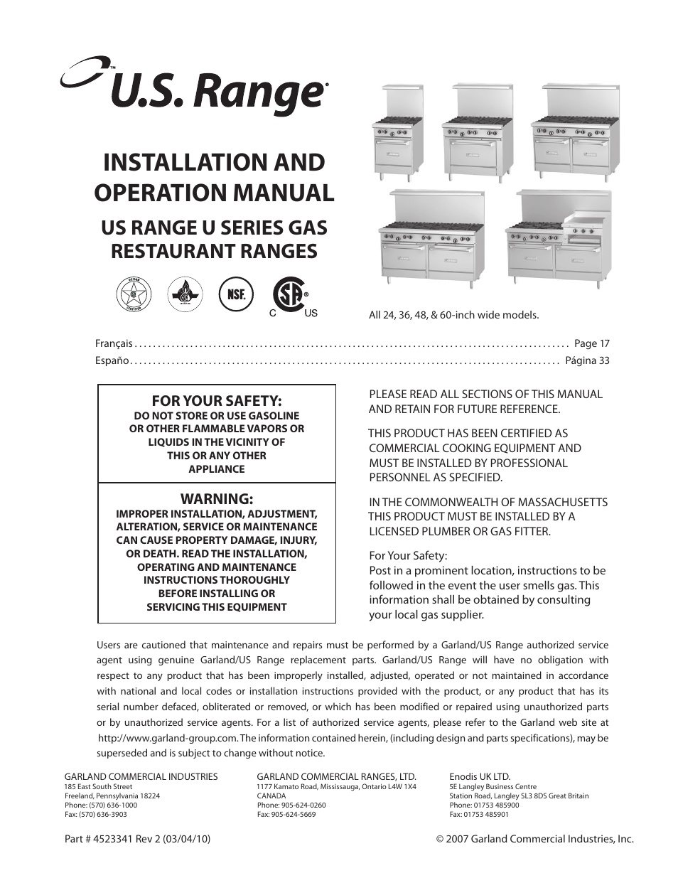 Garland US RANGE U SERIES GAS RESTAURANT RANGES User Manual | 56 pages