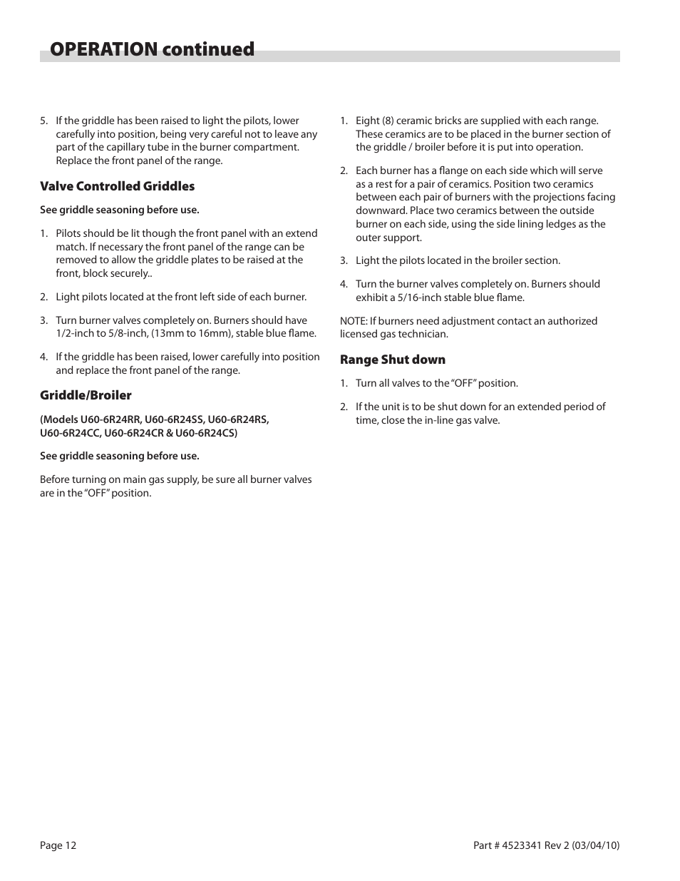 Operation continued | Garland US RANGE U SERIES GAS RESTAURANT RANGES User Manual | Page 12 / 56