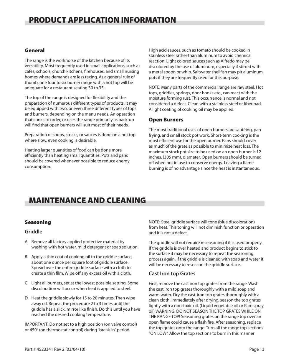 Product application information, Maintenance and cleaning | Garland US RANGE U SERIES GAS RESTAURANT RANGES User Manual | Page 13 / 56