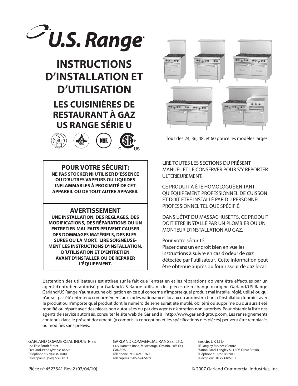 Instructions d’installation et d’utilisation, Pour votre sécurit, Avertissement | Garland US RANGE U SERIES GAS RESTAURANT RANGES User Manual | Page 17 / 56