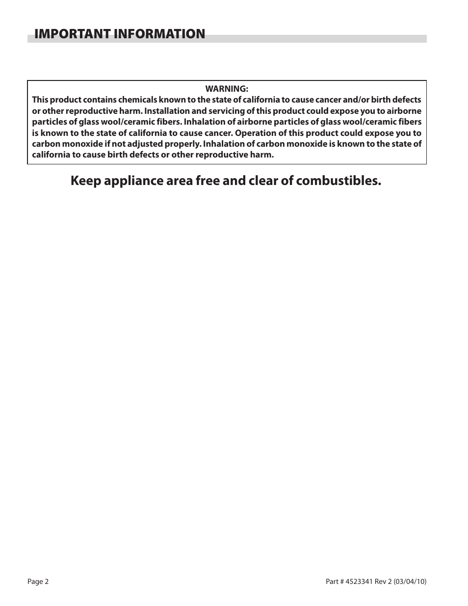 Important information, Keep appliance area free and clear of combustibles | Garland US RANGE U SERIES GAS RESTAURANT RANGES User Manual | Page 2 / 56