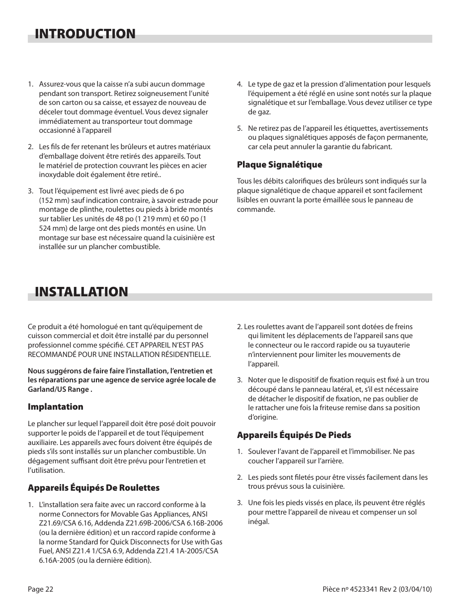 Introduction, Installation | Garland US RANGE U SERIES GAS RESTAURANT RANGES User Manual | Page 22 / 56