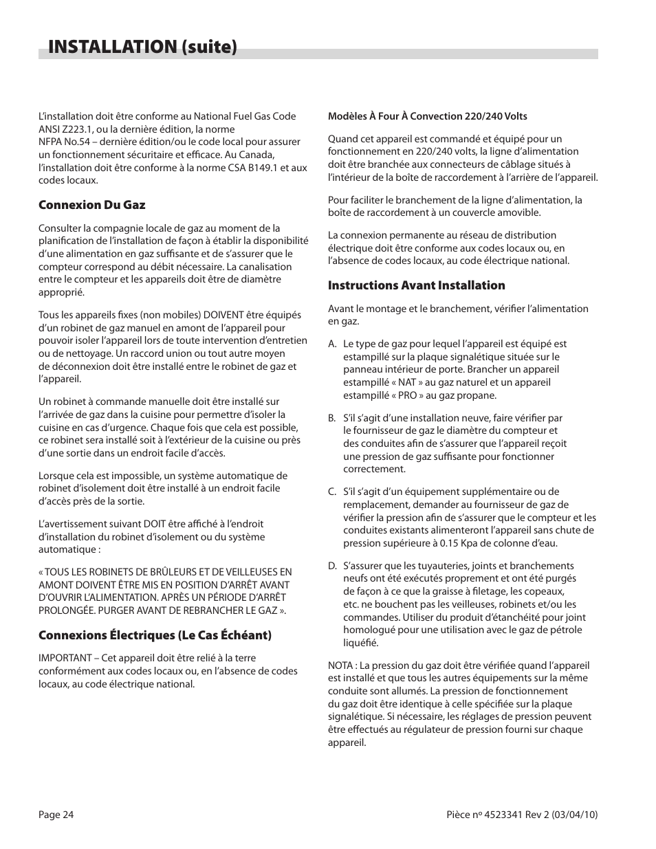 Installation (suite) | Garland US RANGE U SERIES GAS RESTAURANT RANGES User Manual | Page 24 / 56