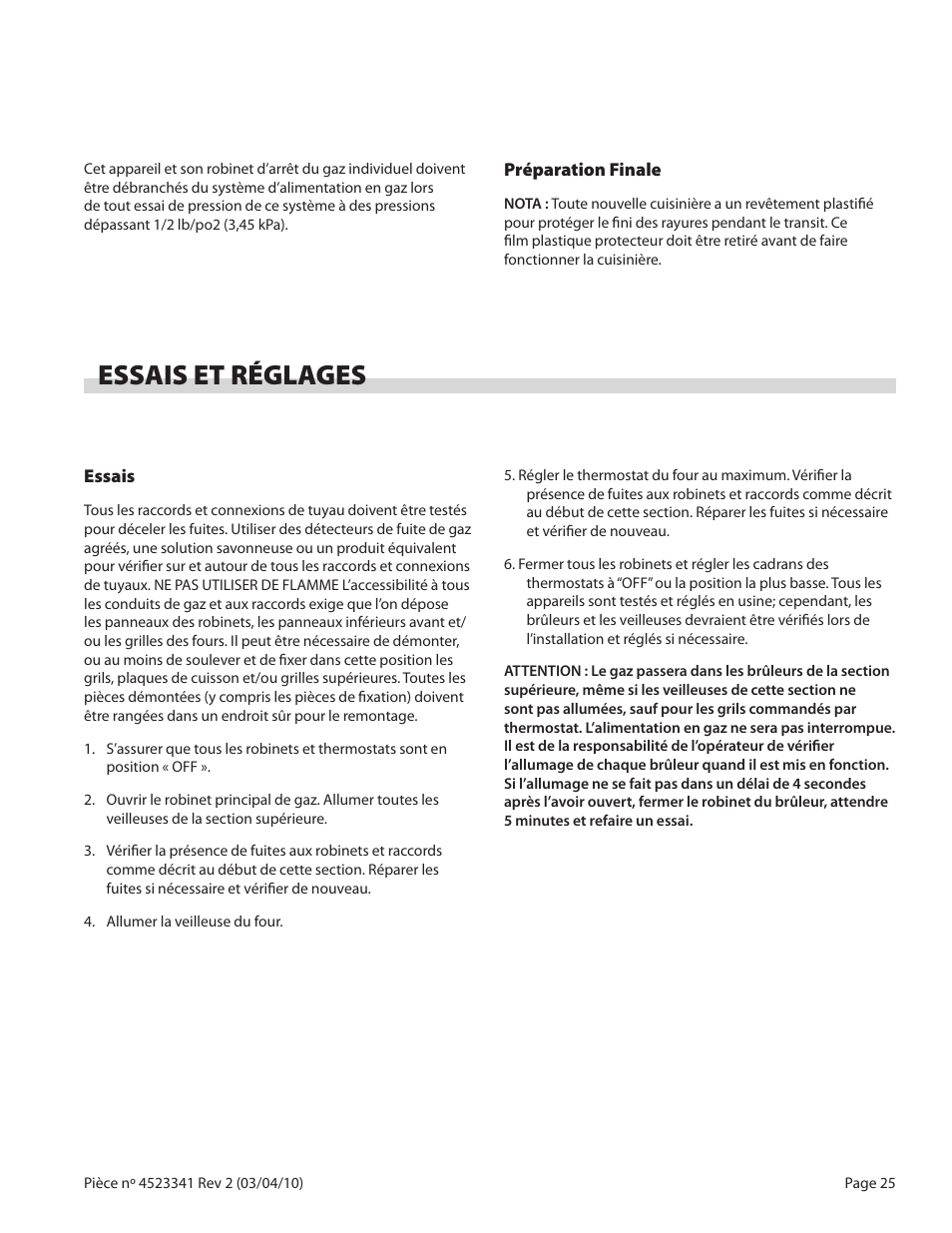 Essais et réglages | Garland US RANGE U SERIES GAS RESTAURANT RANGES User Manual | Page 25 / 56