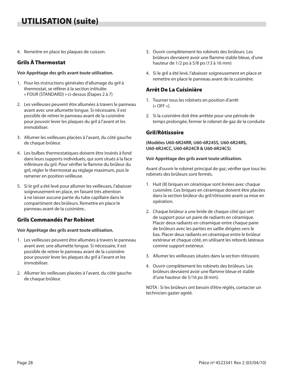 Utilisation (suite) | Garland US RANGE U SERIES GAS RESTAURANT RANGES User Manual | Page 28 / 56