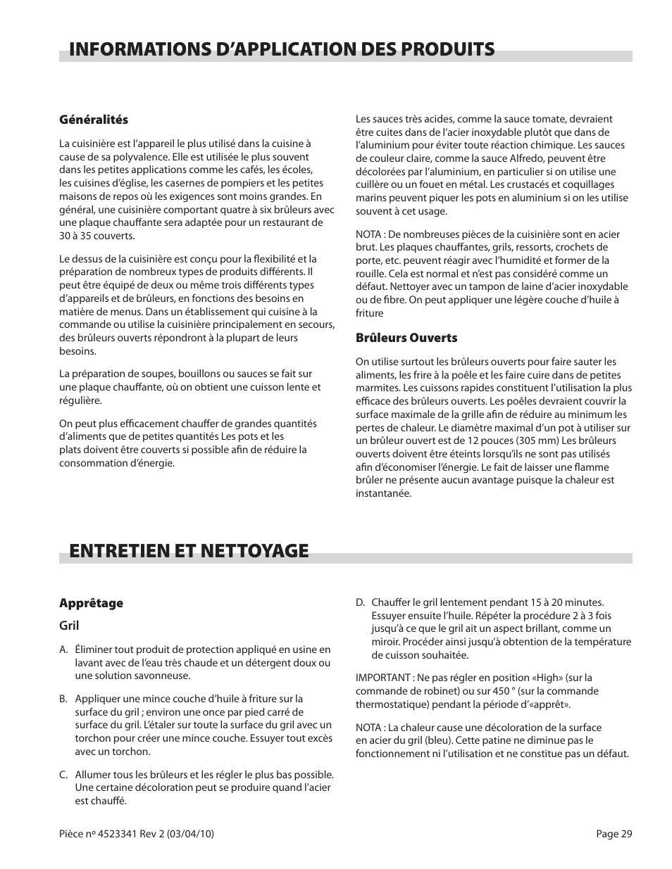 Informations d’application des produits, Entretien et nettoyage | Garland US RANGE U SERIES GAS RESTAURANT RANGES User Manual | Page 29 / 56