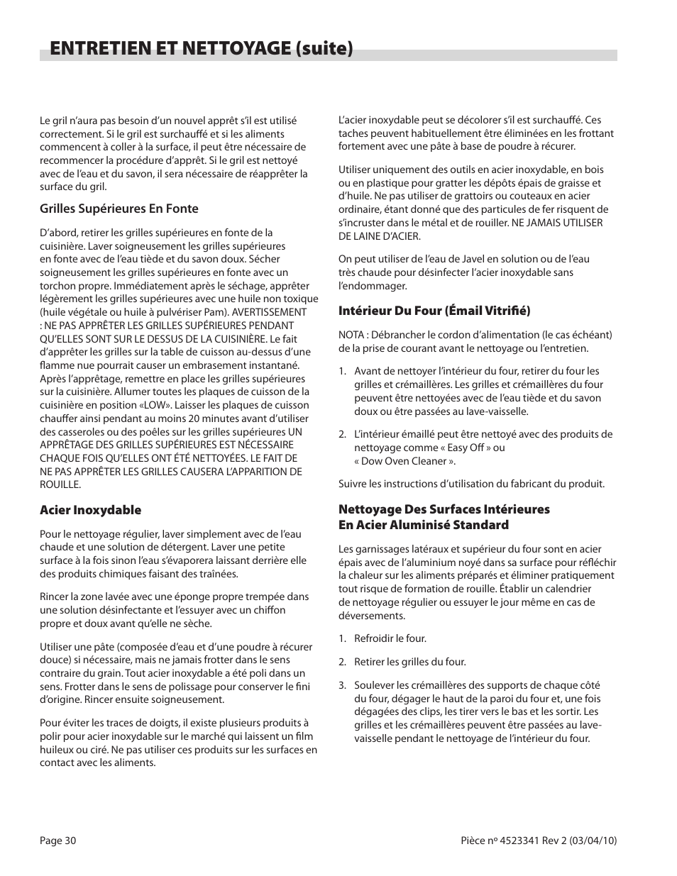 Entretien et nettoyage (suite) | Garland US RANGE U SERIES GAS RESTAURANT RANGES User Manual | Page 30 / 56