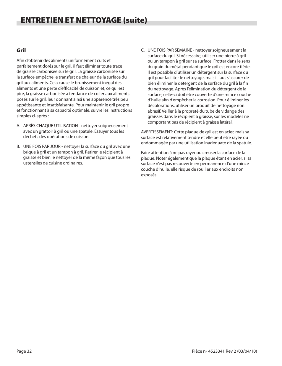 Entretien et nettoyage (suite) | Garland US RANGE U SERIES GAS RESTAURANT RANGES User Manual | Page 32 / 56