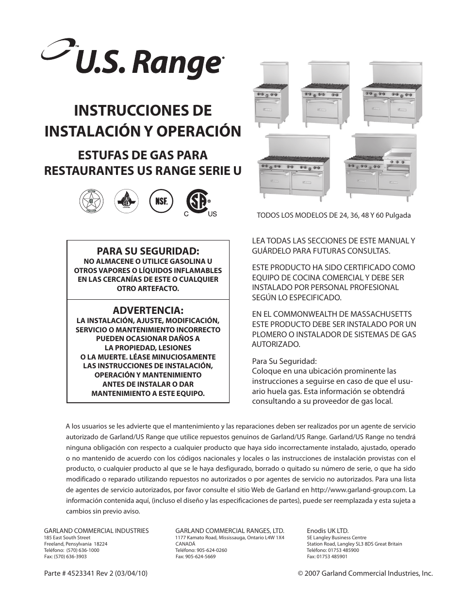 Instrucciones de instalación y operación, Estufas de gas para restaurantes us range serie u, Para su seguridad | Advertencia | Garland US RANGE U SERIES GAS RESTAURANT RANGES User Manual | Page 33 / 56