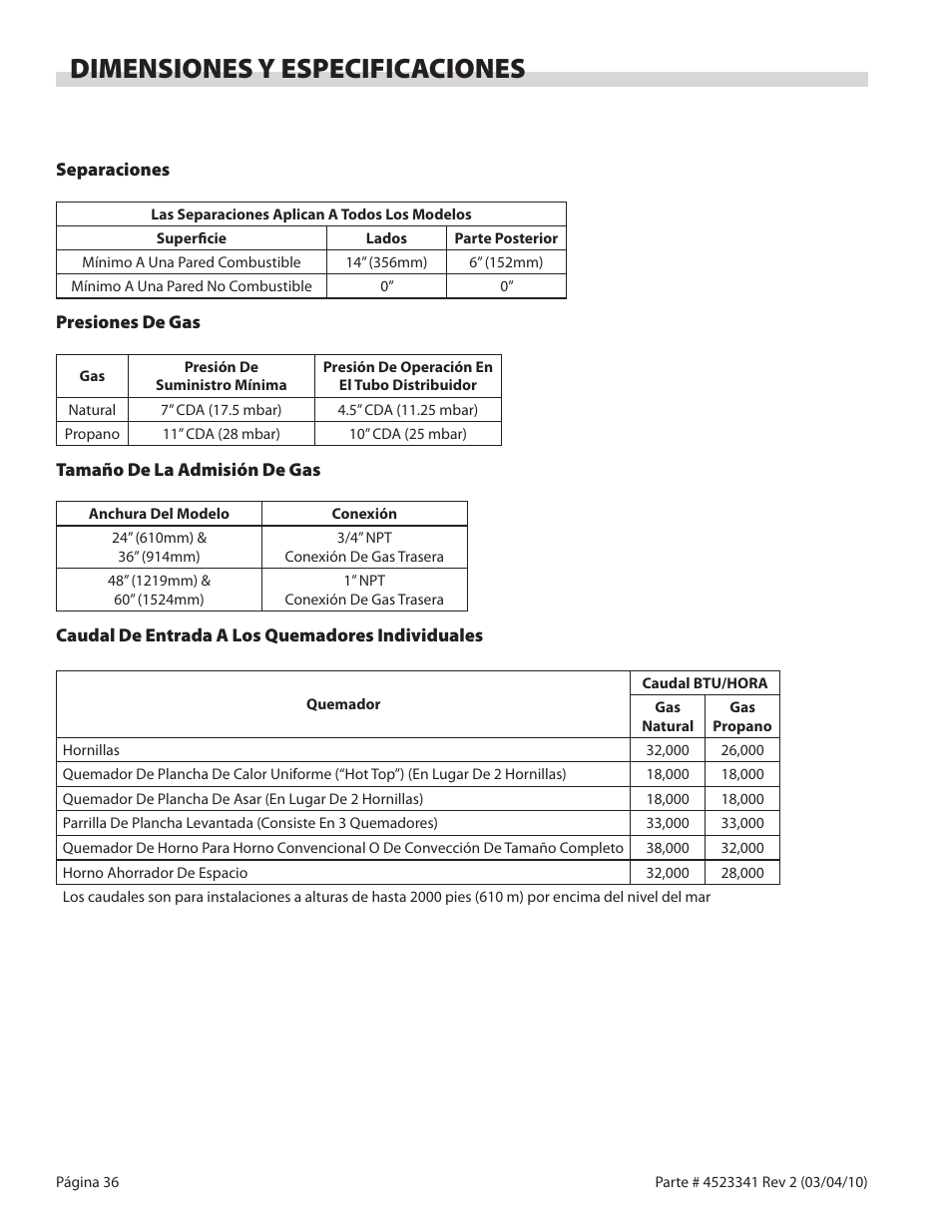 Dimensiones y especificaciones | Garland US RANGE U SERIES GAS RESTAURANT RANGES User Manual | Page 36 / 56