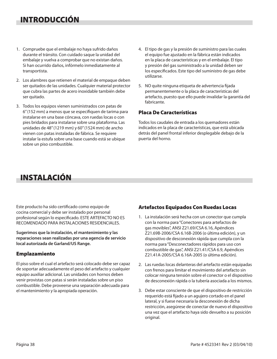 Introducción, Instalación | Garland US RANGE U SERIES GAS RESTAURANT RANGES User Manual | Page 38 / 56