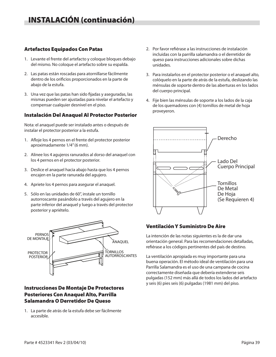 Instalación (continuación) | Garland US RANGE U SERIES GAS RESTAURANT RANGES User Manual | Page 39 / 56
