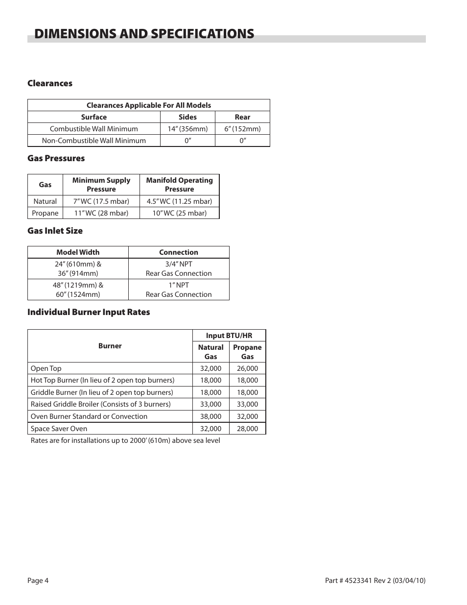 Dimensions and specifications | Garland US RANGE U SERIES GAS RESTAURANT RANGES User Manual | Page 4 / 56
