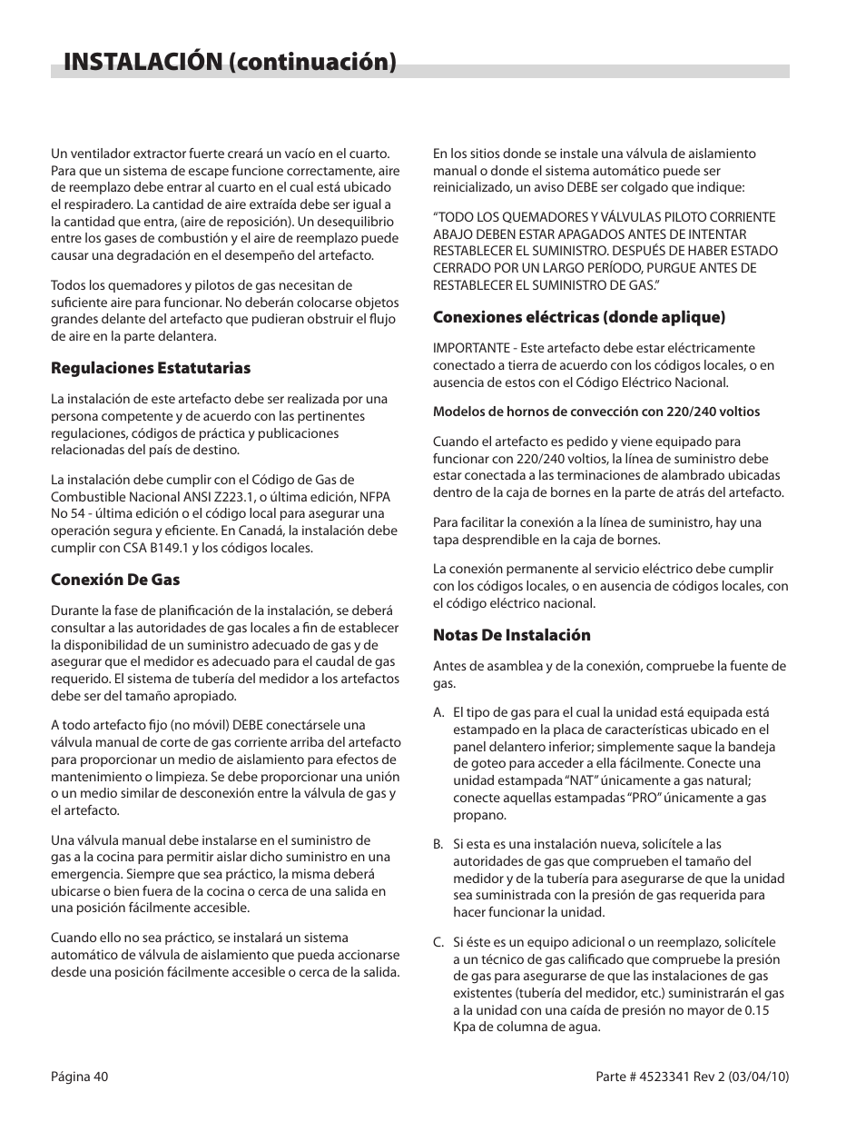 Instalación (continuación) | Garland US RANGE U SERIES GAS RESTAURANT RANGES User Manual | Page 40 / 56