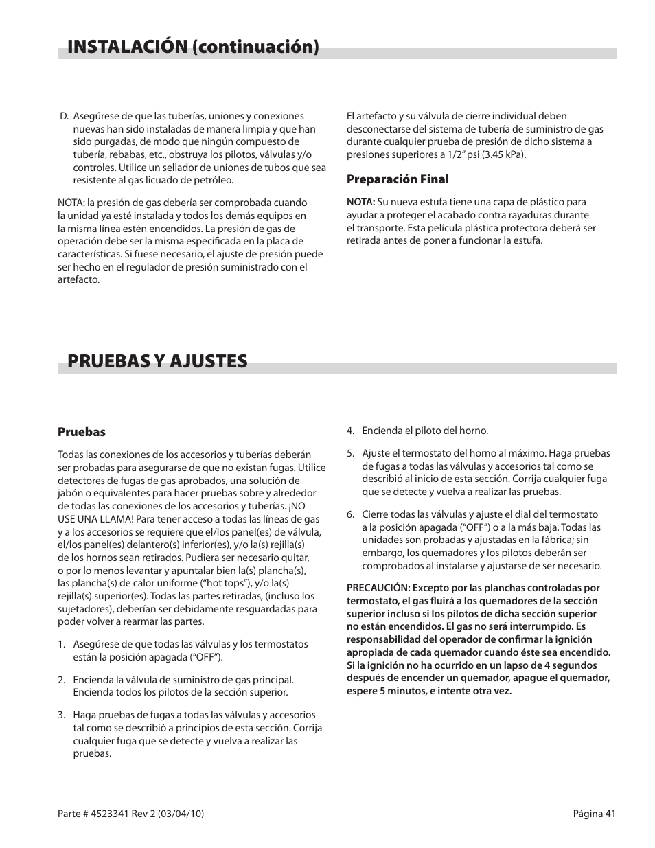 Pruebas y ajustes, Instalación (continuación) | Garland US RANGE U SERIES GAS RESTAURANT RANGES User Manual | Page 41 / 56