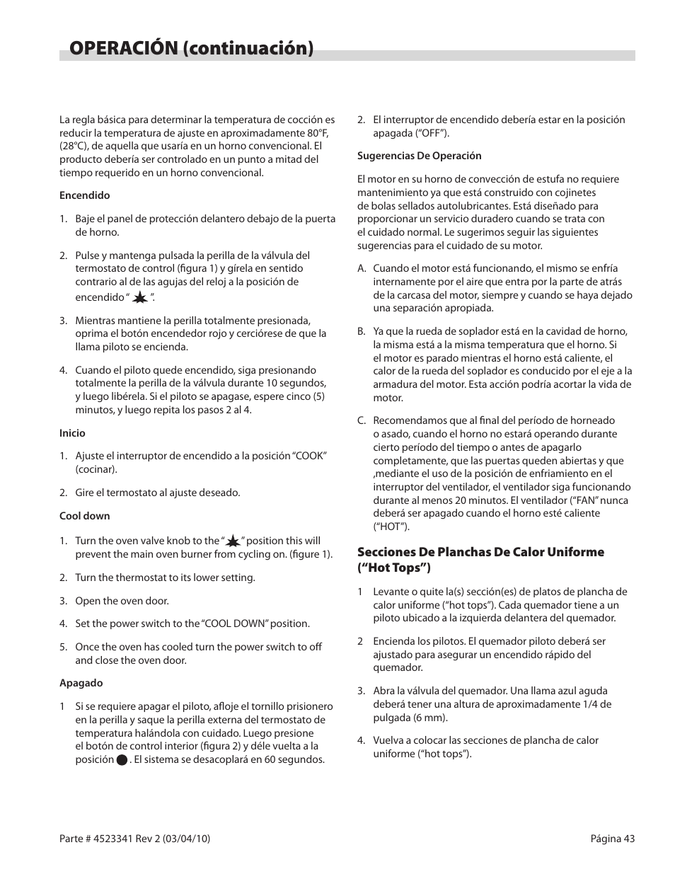 Operación (continuación) | Garland US RANGE U SERIES GAS RESTAURANT RANGES User Manual | Page 43 / 56