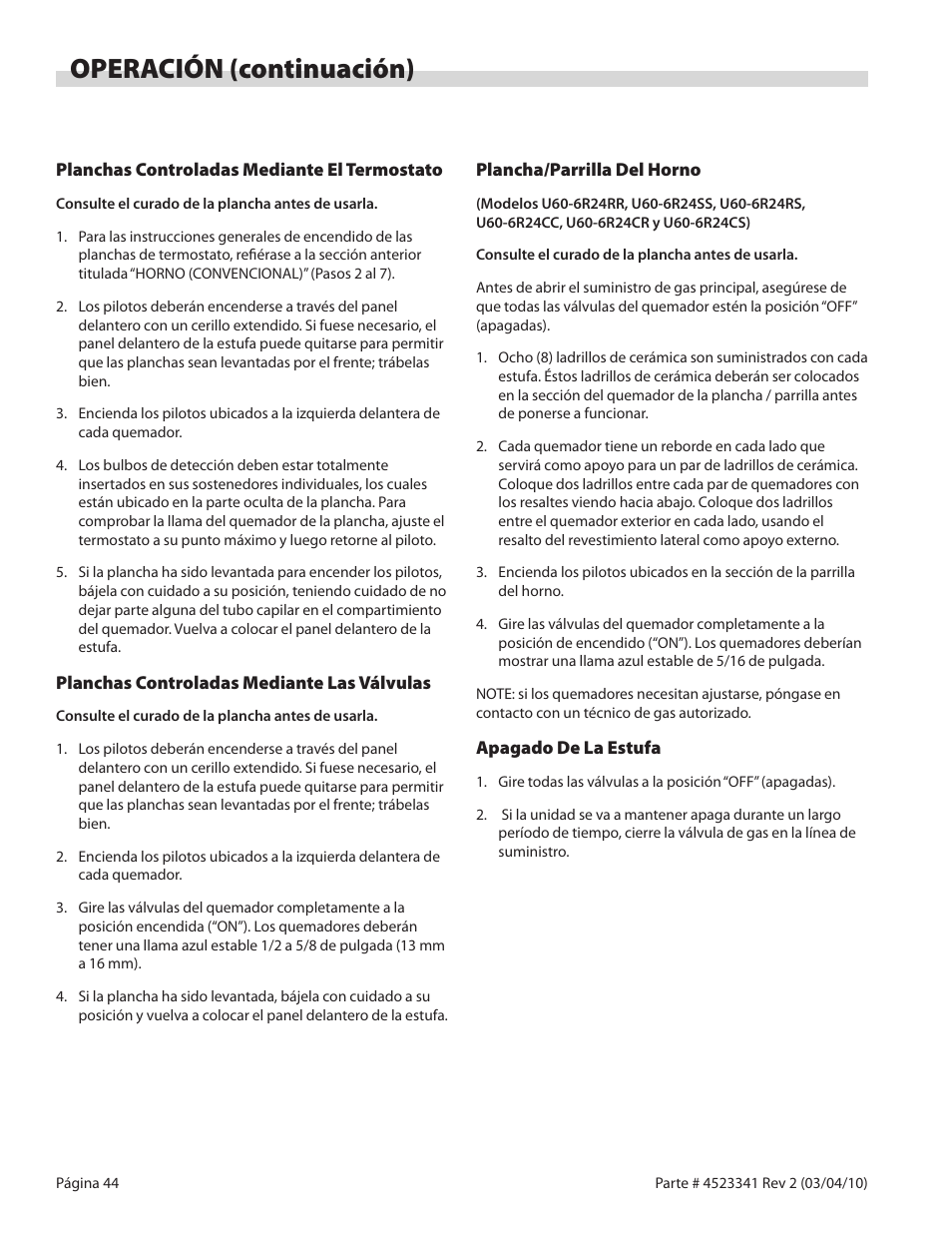 Operación (continuación) | Garland US RANGE U SERIES GAS RESTAURANT RANGES User Manual | Page 44 / 56