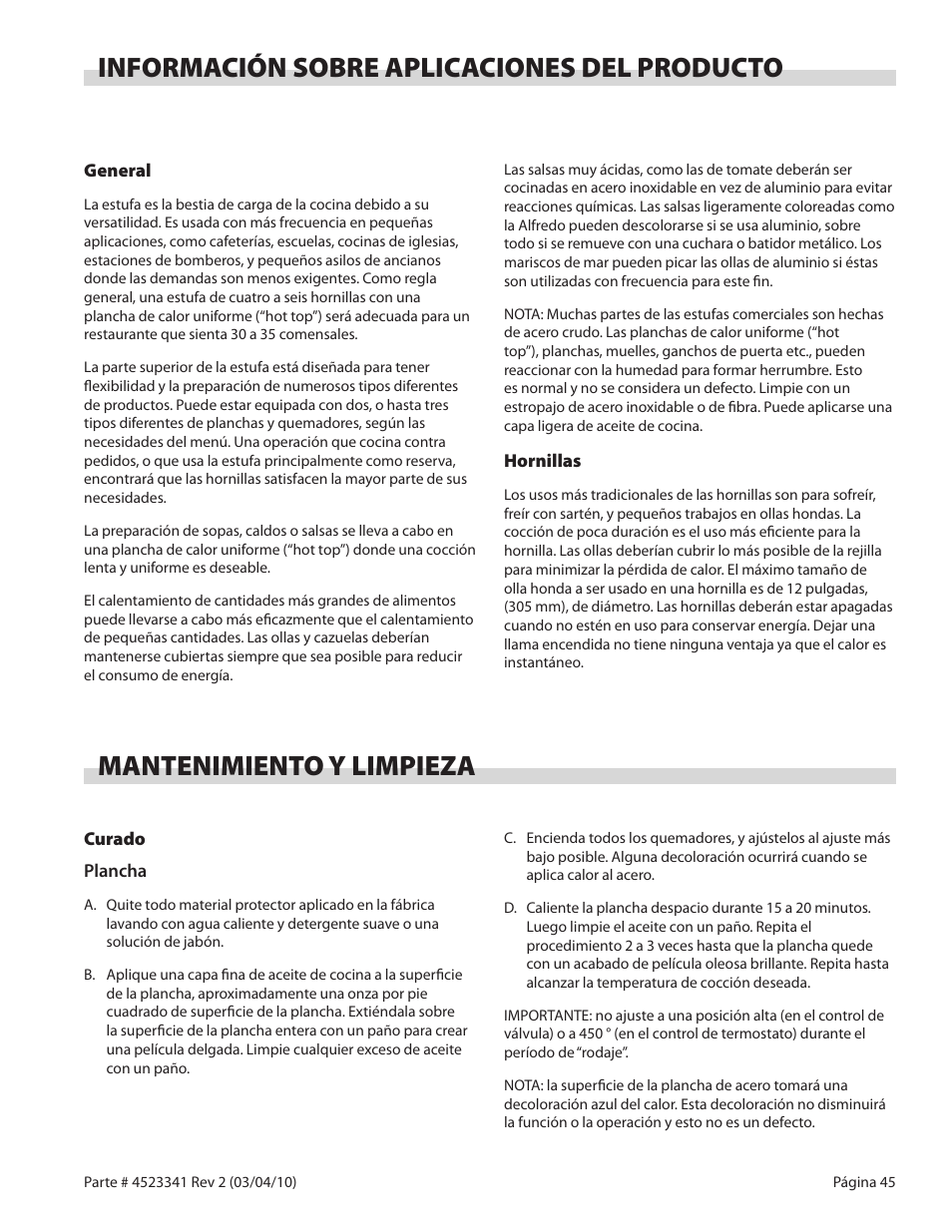 Información sobre aplicaciones del producto, Mantenimiento y limpieza | Garland US RANGE U SERIES GAS RESTAURANT RANGES User Manual | Page 45 / 56