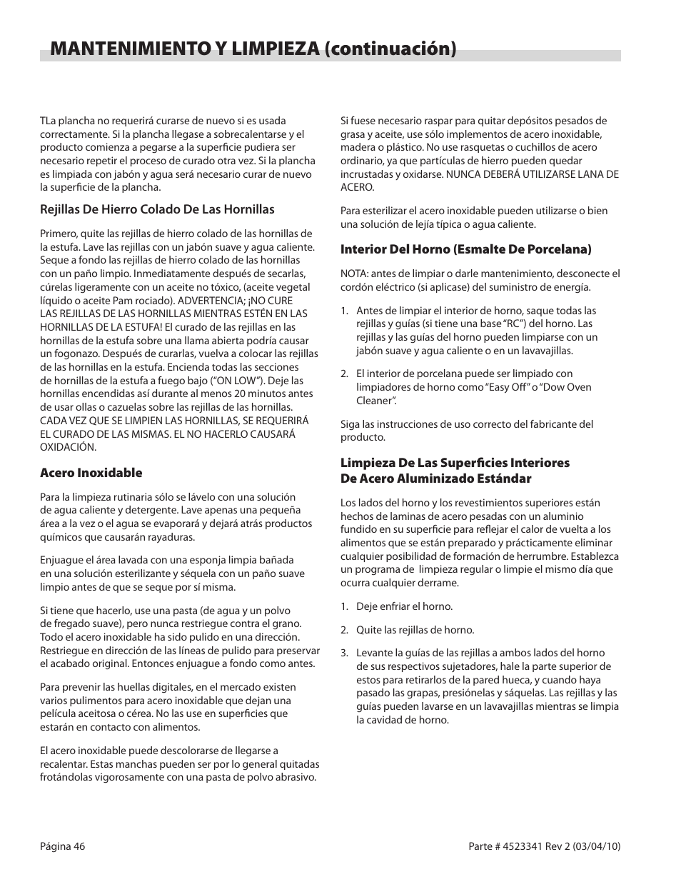Mantenimiento y limpieza (continuación) | Garland US RANGE U SERIES GAS RESTAURANT RANGES User Manual | Page 46 / 56