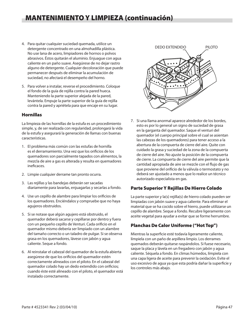 Mantenimiento y limpieza (continuación) | Garland US RANGE U SERIES GAS RESTAURANT RANGES User Manual | Page 47 / 56