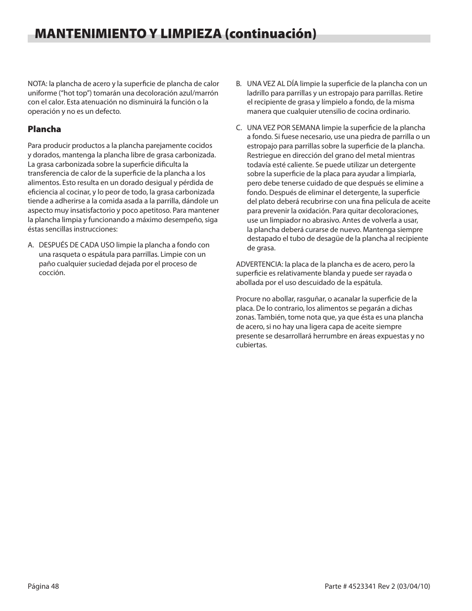 Mantenimiento y limpieza (continuación) | Garland US RANGE U SERIES GAS RESTAURANT RANGES User Manual | Page 48 / 56