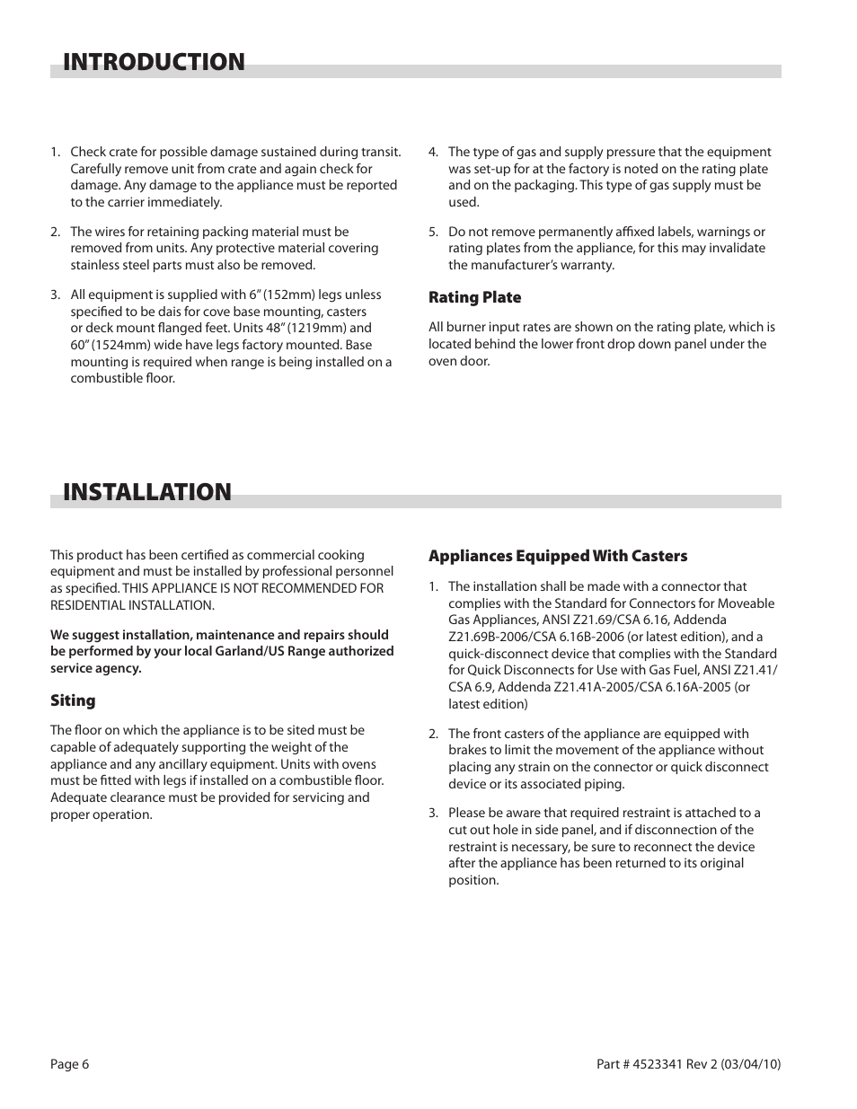 Introduction, Installation | Garland US RANGE U SERIES GAS RESTAURANT RANGES User Manual | Page 6 / 56