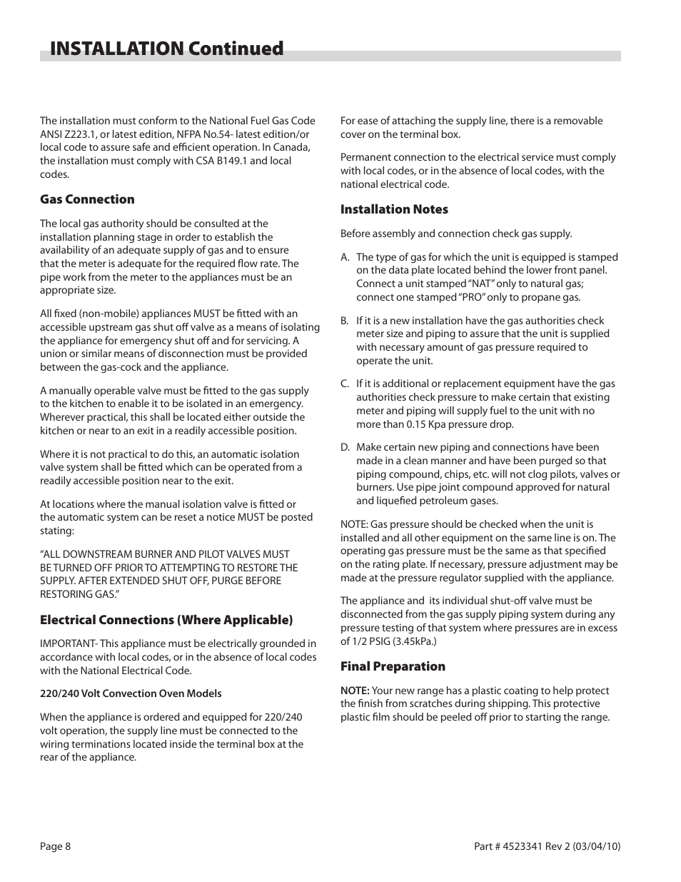 Installation continued | Garland US RANGE U SERIES GAS RESTAURANT RANGES User Manual | Page 8 / 56