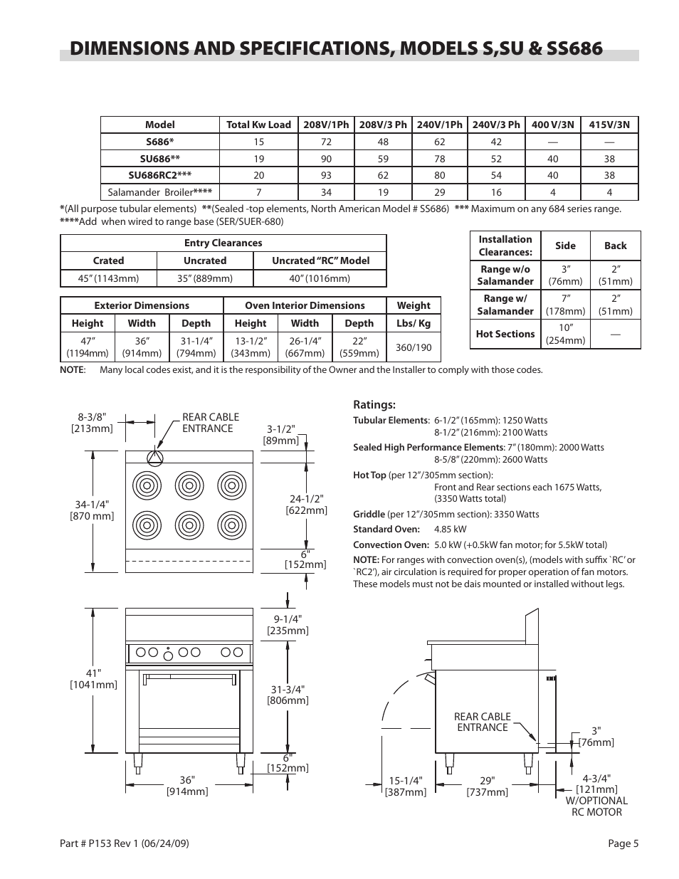 Dimensions and specifications, models s,su & ss686 | Garland SU680 SERIES RESTAURANT RANGES AND SALAMANDERS User Manual | Page 5 / 20