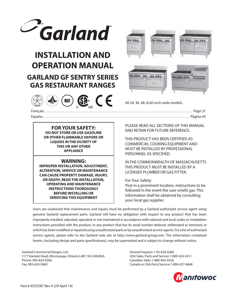 Garland GF SENTRY SERIES GAS RESTAURANT RANGES User Manual | 66 pages