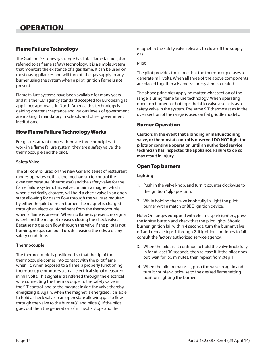 Operation | Garland GF SENTRY SERIES GAS RESTAURANT RANGES User Manual | Page 14 / 66