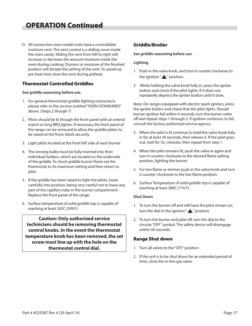 Operation continued | Garland GF SENTRY SERIES GAS RESTAURANT RANGES User Manual | Page 17 / 66