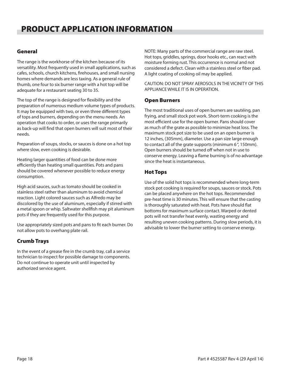 Product application information | Garland GF SENTRY SERIES GAS RESTAURANT RANGES User Manual | Page 18 / 66