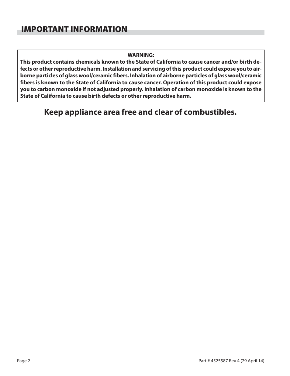 Important information, Keep appliance area free and clear of combustibles | Garland GF SENTRY SERIES GAS RESTAURANT RANGES User Manual | Page 2 / 66