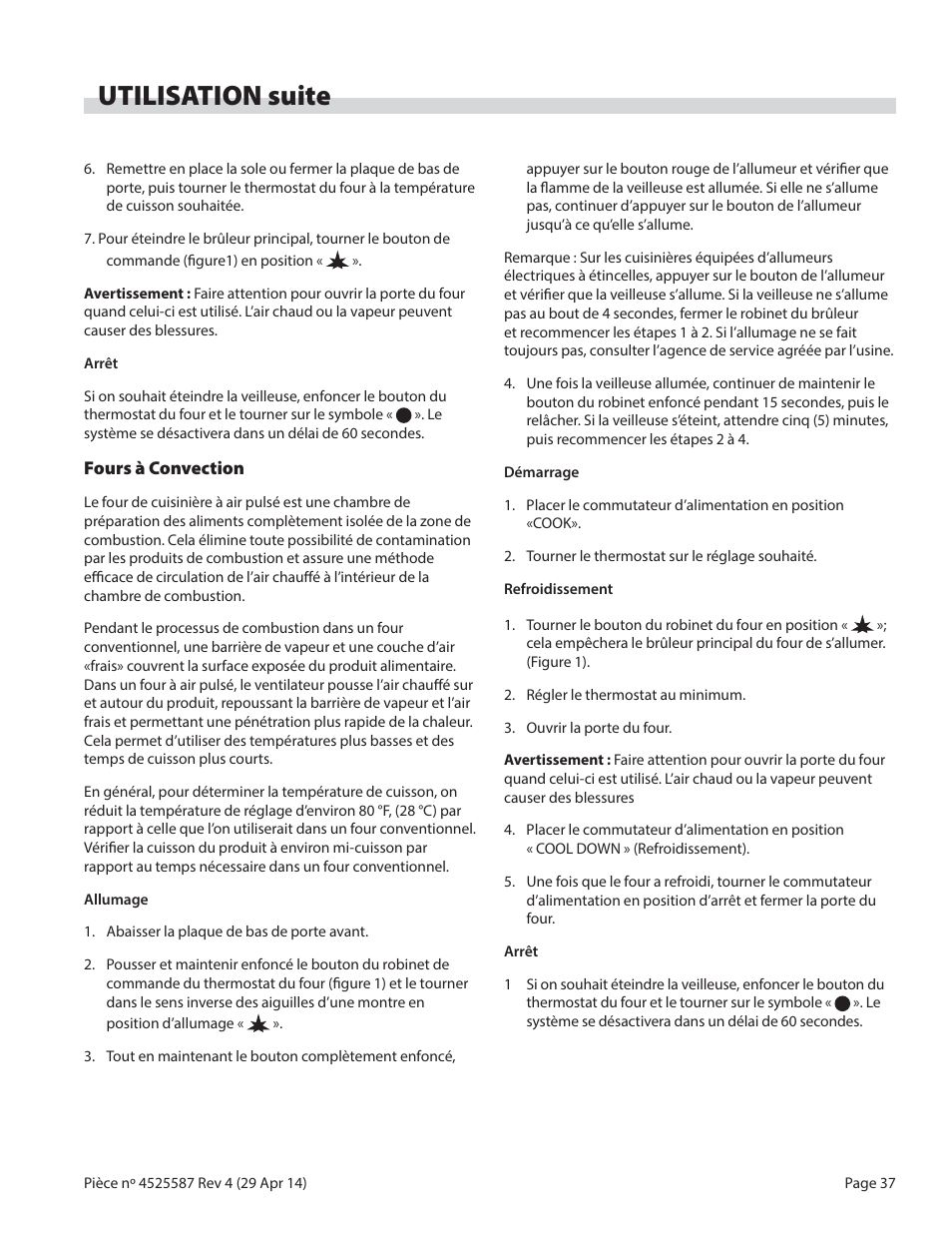 Utilisation suite | Garland GF SENTRY SERIES GAS RESTAURANT RANGES User Manual | Page 37 / 66