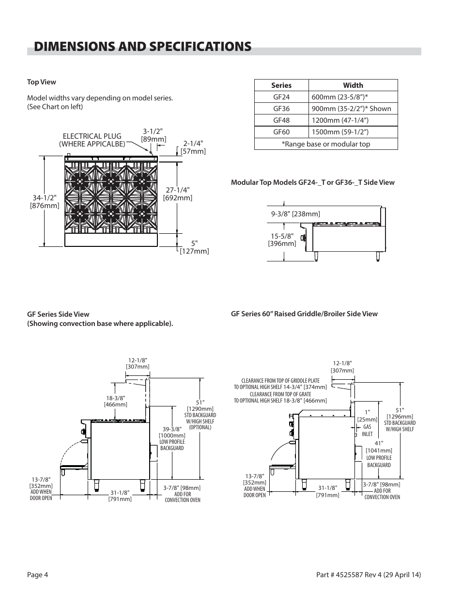 Dimensions and specifications | Garland GF SENTRY SERIES GAS RESTAURANT RANGES User Manual | Page 4 / 66