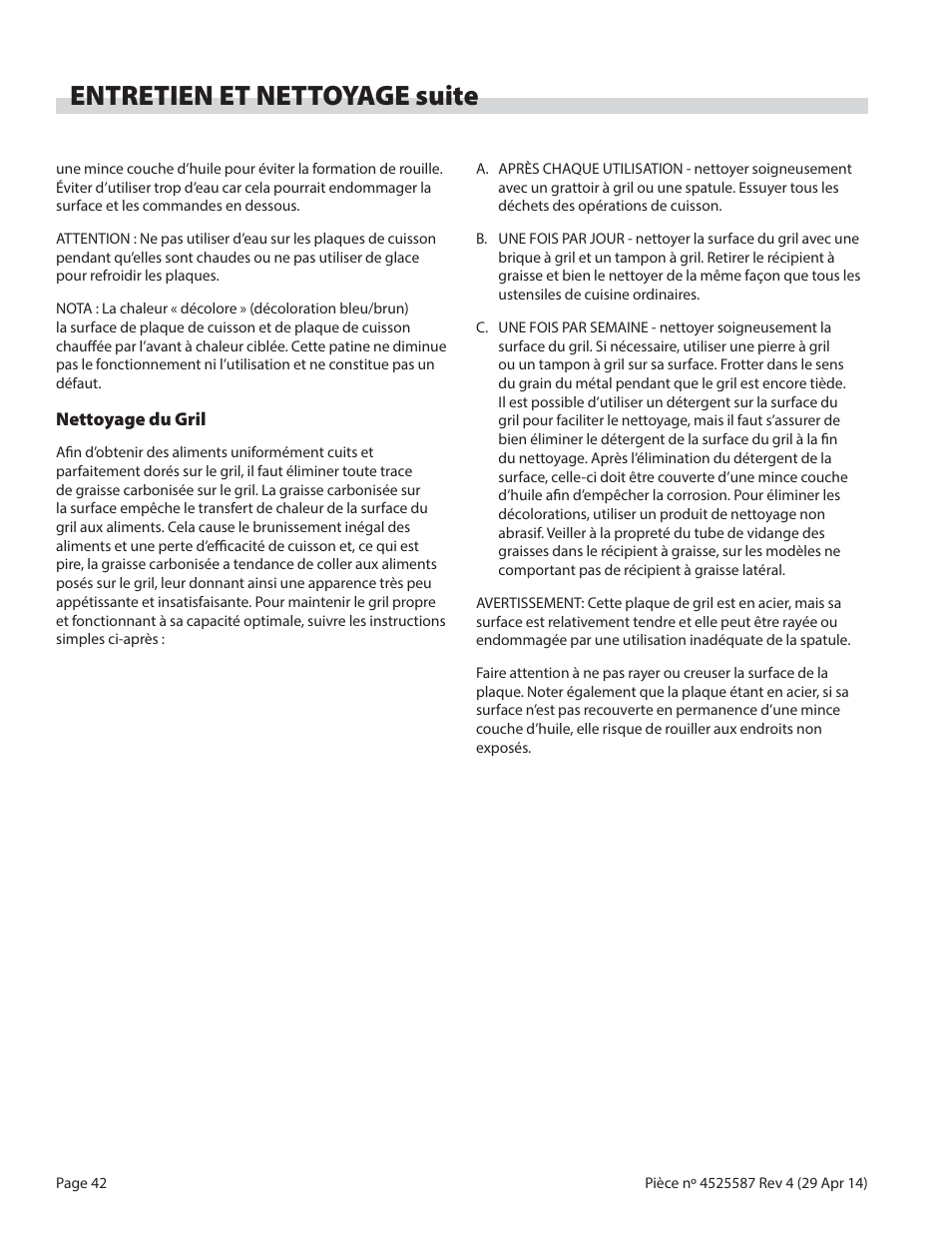 Entretien et nettoyage suite | Garland GF SENTRY SERIES GAS RESTAURANT RANGES User Manual | Page 42 / 66
