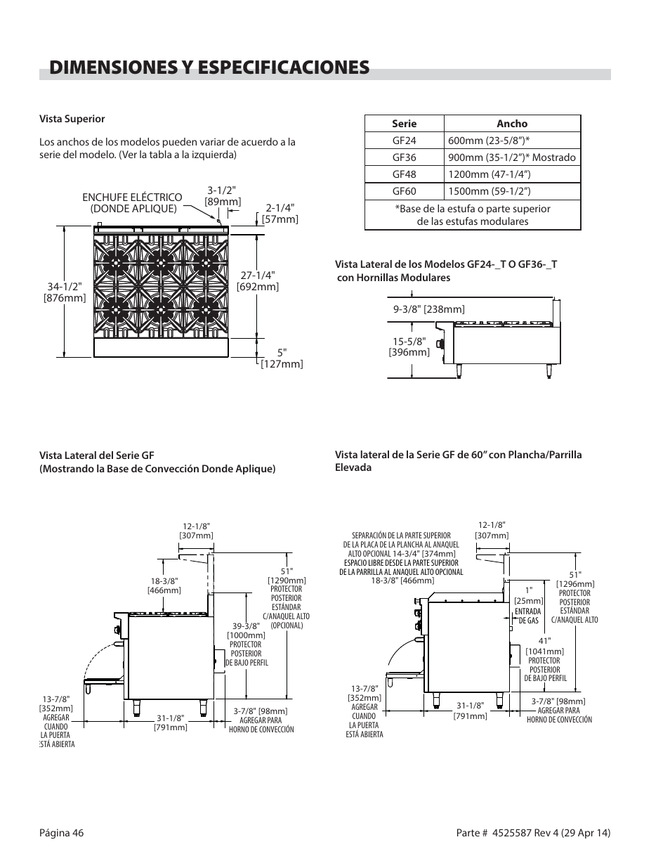 Dimensiones y especificaciones | Garland GF SENTRY SERIES GAS RESTAURANT RANGES User Manual | Page 46 / 66